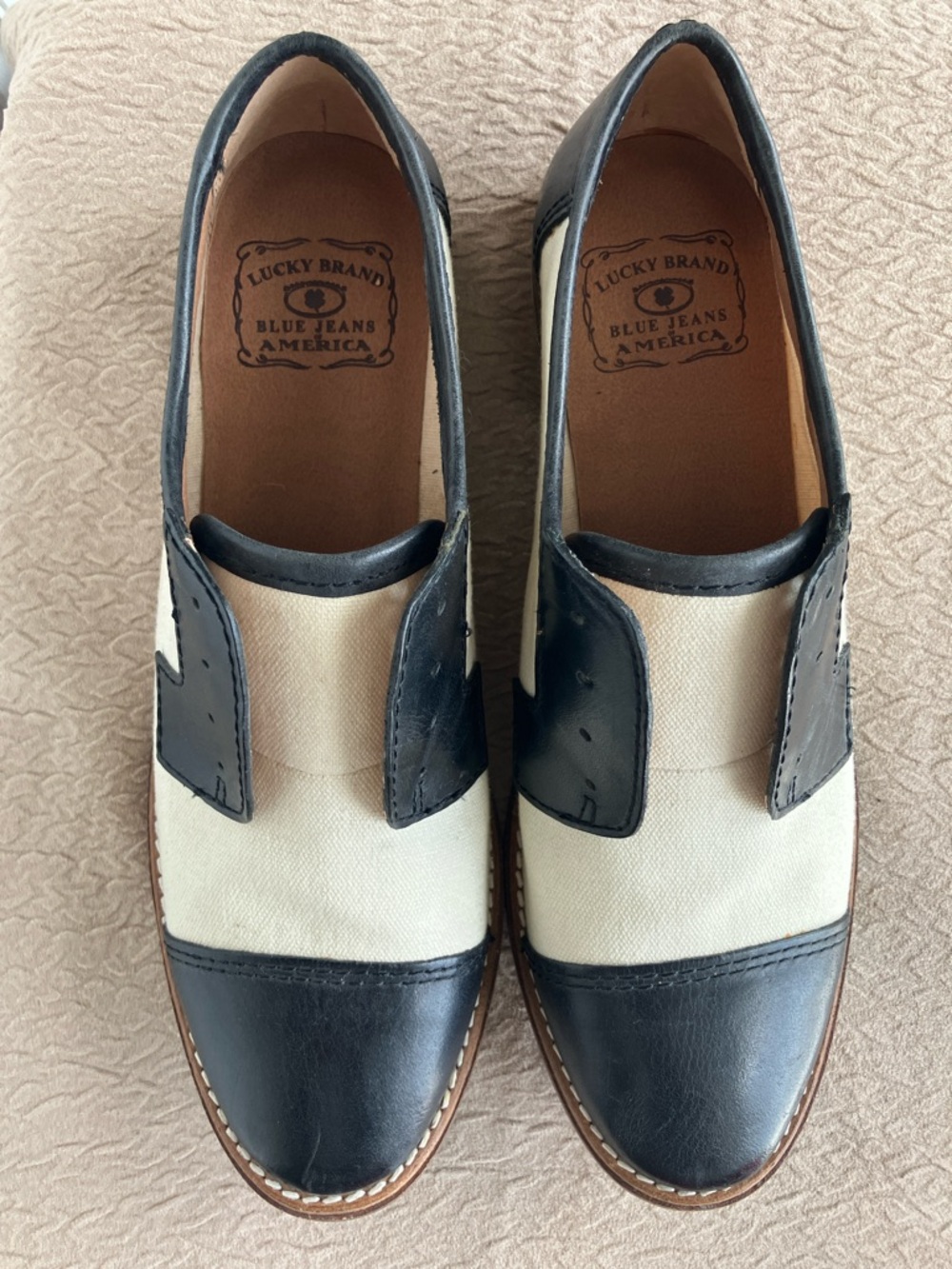 Lucky Brand Hailey Laceless Loafers 6.5M Leather Canvas Navy Cream